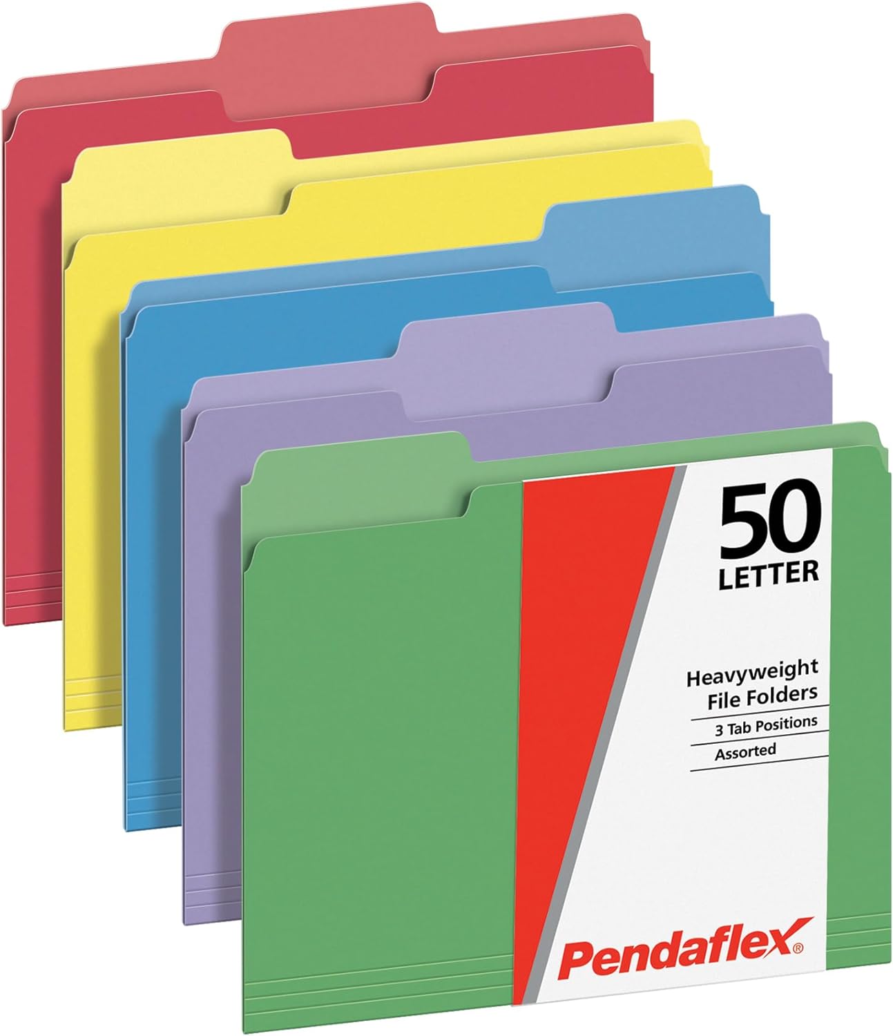 Pendaflex Heavy Duty File Folders, 50 Pack, Letter Size (8.5" x 11"), 3 Tabs, Extra Durable Paper, 5 Assorted Colors, Color-Coding for School, Office & Home Document Organization