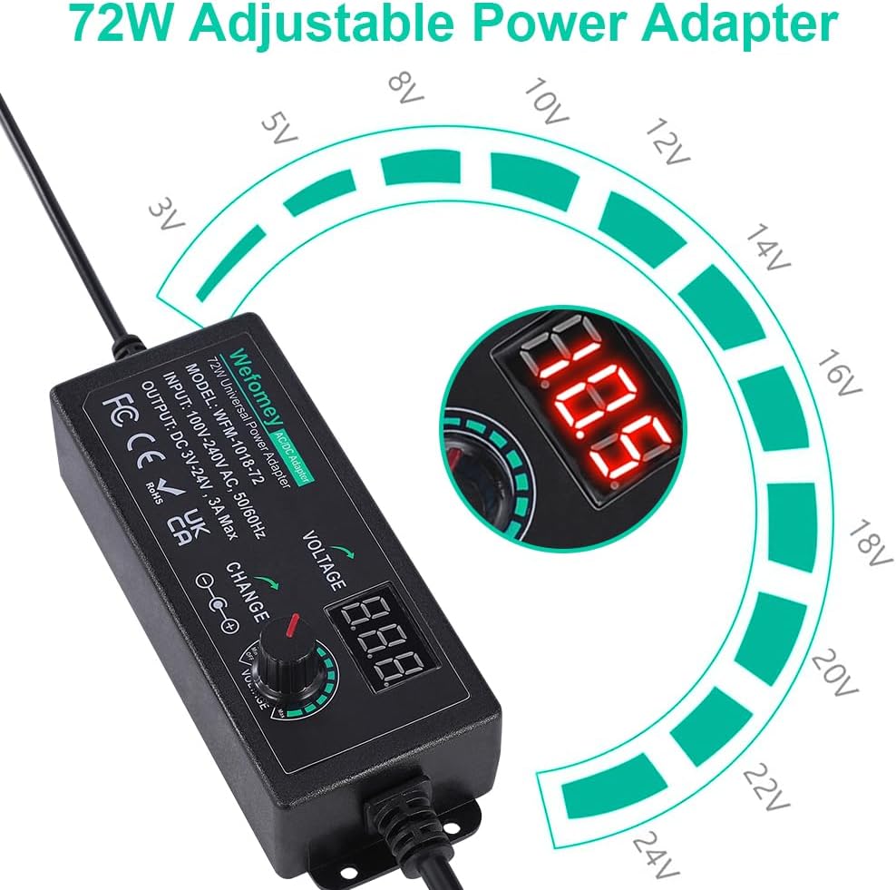 Universal Power Supply 3V~24V 3A 72W Adjustable Variable 3V 5V 6V 9V 12V 15V 18V 20V 24V AC/DC Adapter Charger, 100V-240V AC to DC Converter with 14 Tips and Polarity Converter