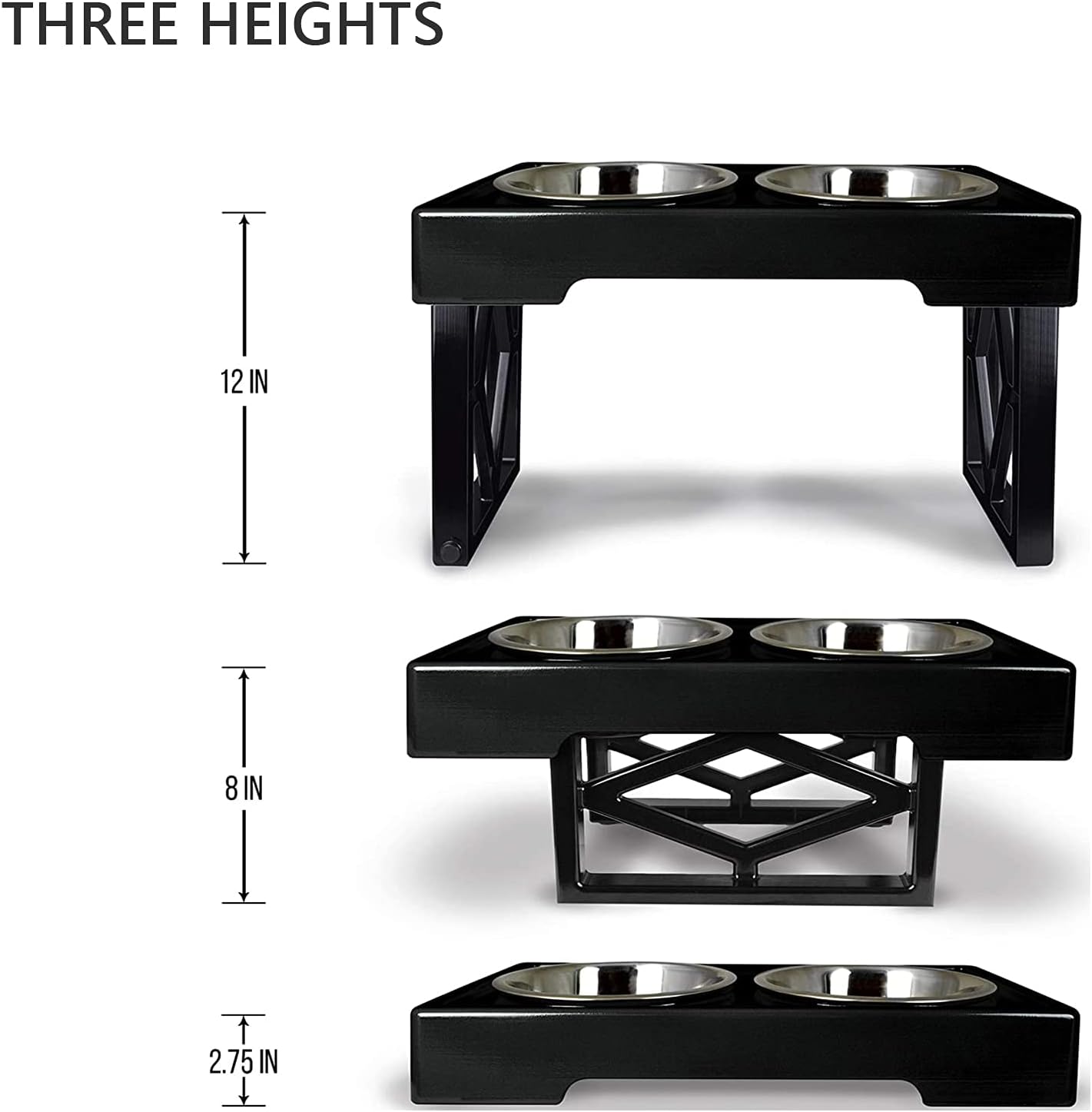 Adjustable Dog Bowl Stand, Elevated Dog Feeder with Detachable Stainless Steel Food and Water Bowl, Dog Food Bowl Stand for Dogs Cats 3 Heights, 2.75”, 8",12'',Black
