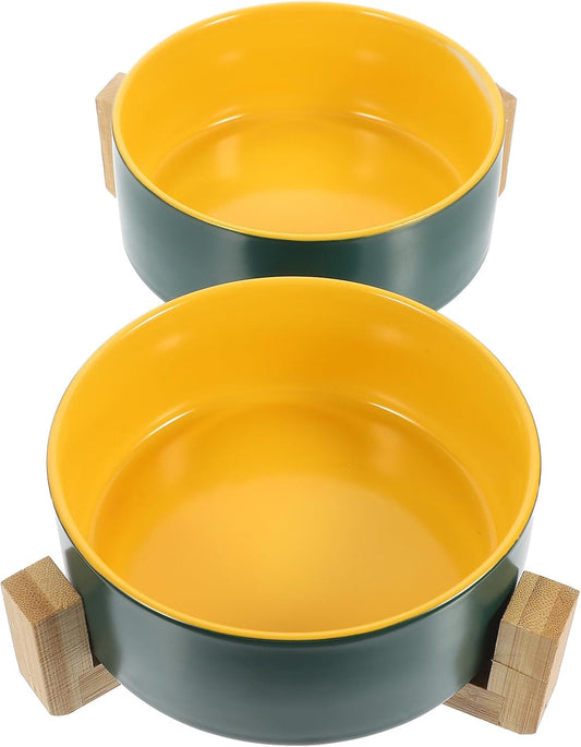 Milisten Ceramic Cat Bowls with Matte Dual Color Finish and Wood Stand, Small Raised Pet Feeding Bowl Set for Cats and Kittens, Floor Food and Water Dishes