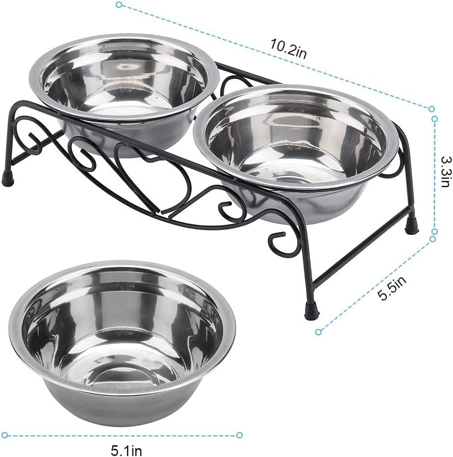 Raised Dog Bowls, Stainless Steel Double Pet Food Feeder Cat Water Dispenser Dish Bowls with Retro Iron Stand for Small or Medium Dogs Cats Puppy