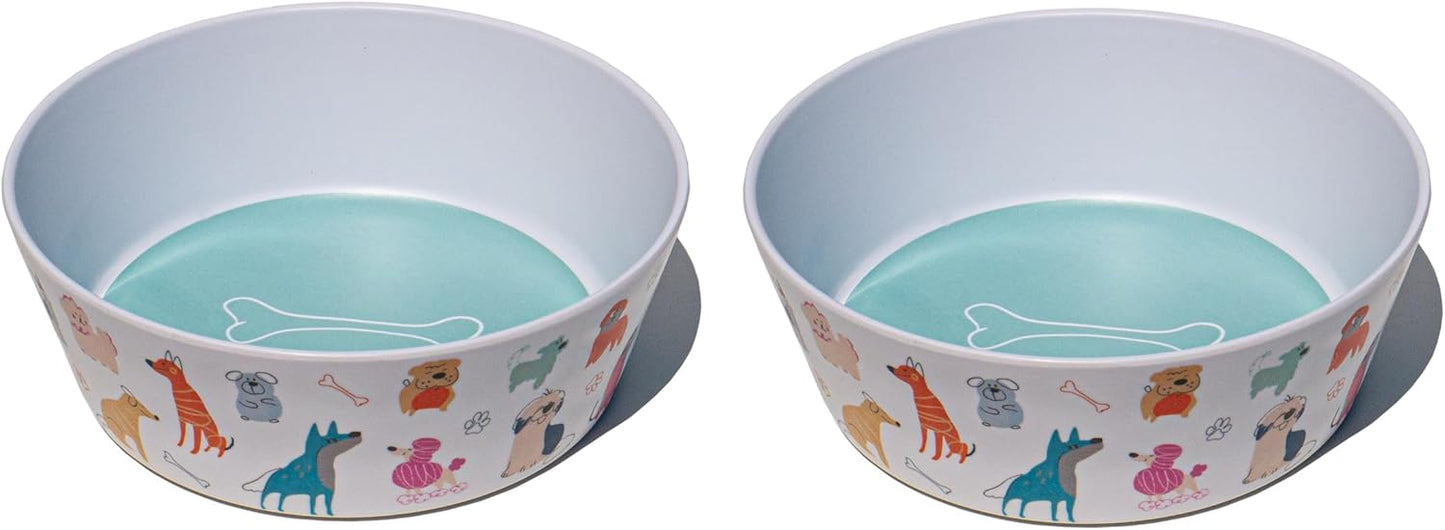 Dog Whimsy Melamine Pet Bowl - Large - 5 Cups - Multicolor - Set of 2