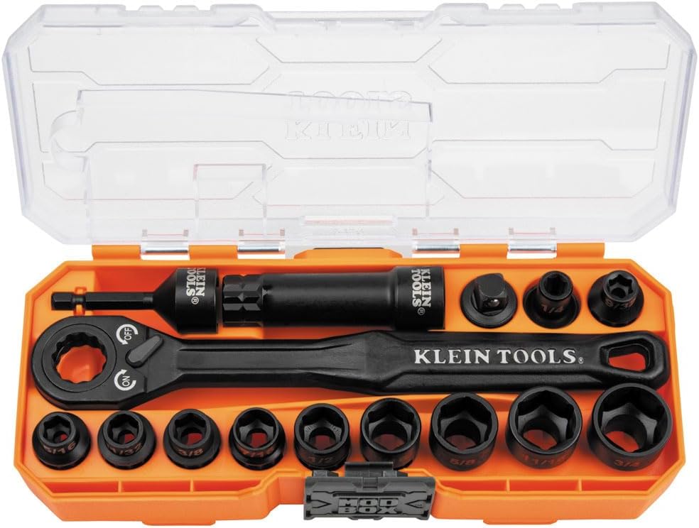 Klein Tools 65400 KNECT 15-Piece Pass Through Socket Set, SAE Impact Set with MODbox Case, Sockets, Bits, Accessories and 3/8-Inch Drive Adapter