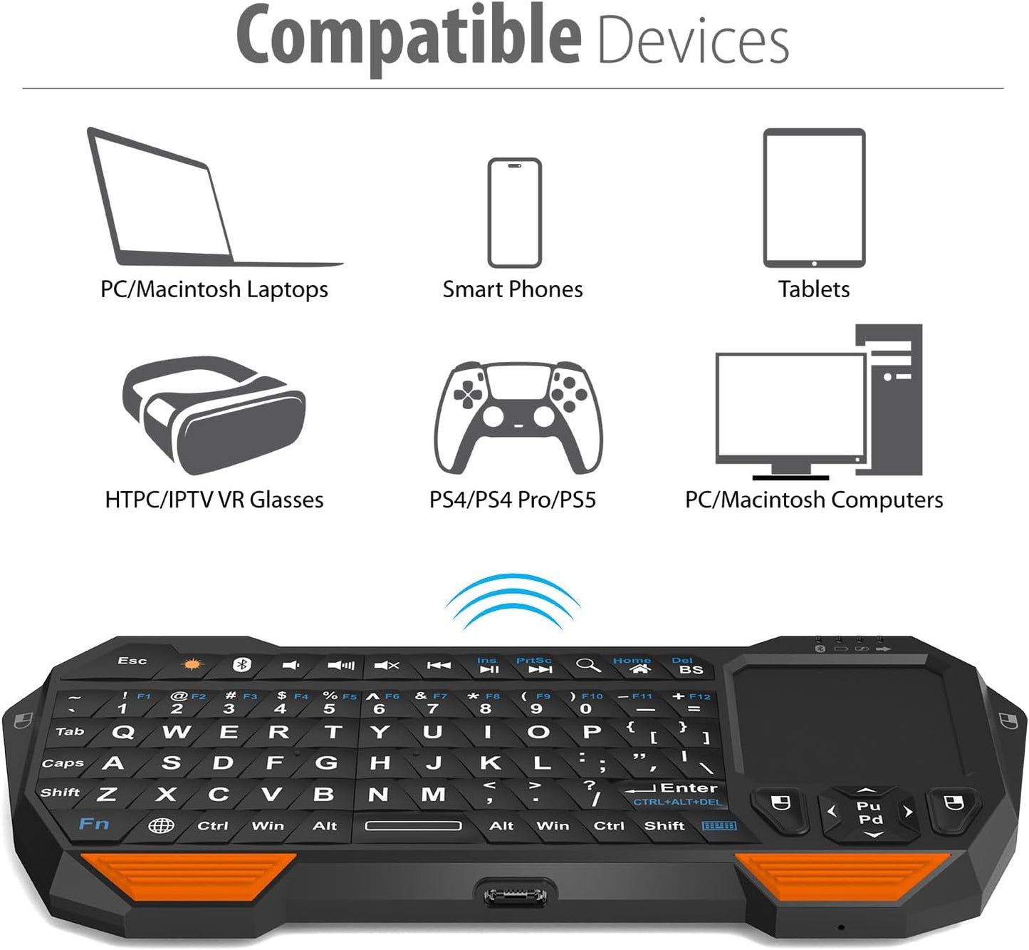 Fosmon Mini Bluetooth Keyboard (QWERTY Keypad), Wireless Portable with Touchpad, Compatible with Apple TV, Amazon Fire Stick, PS4, PS4 Pro, PS5, HTPC/IPTV, VR Glasses, Smartphones