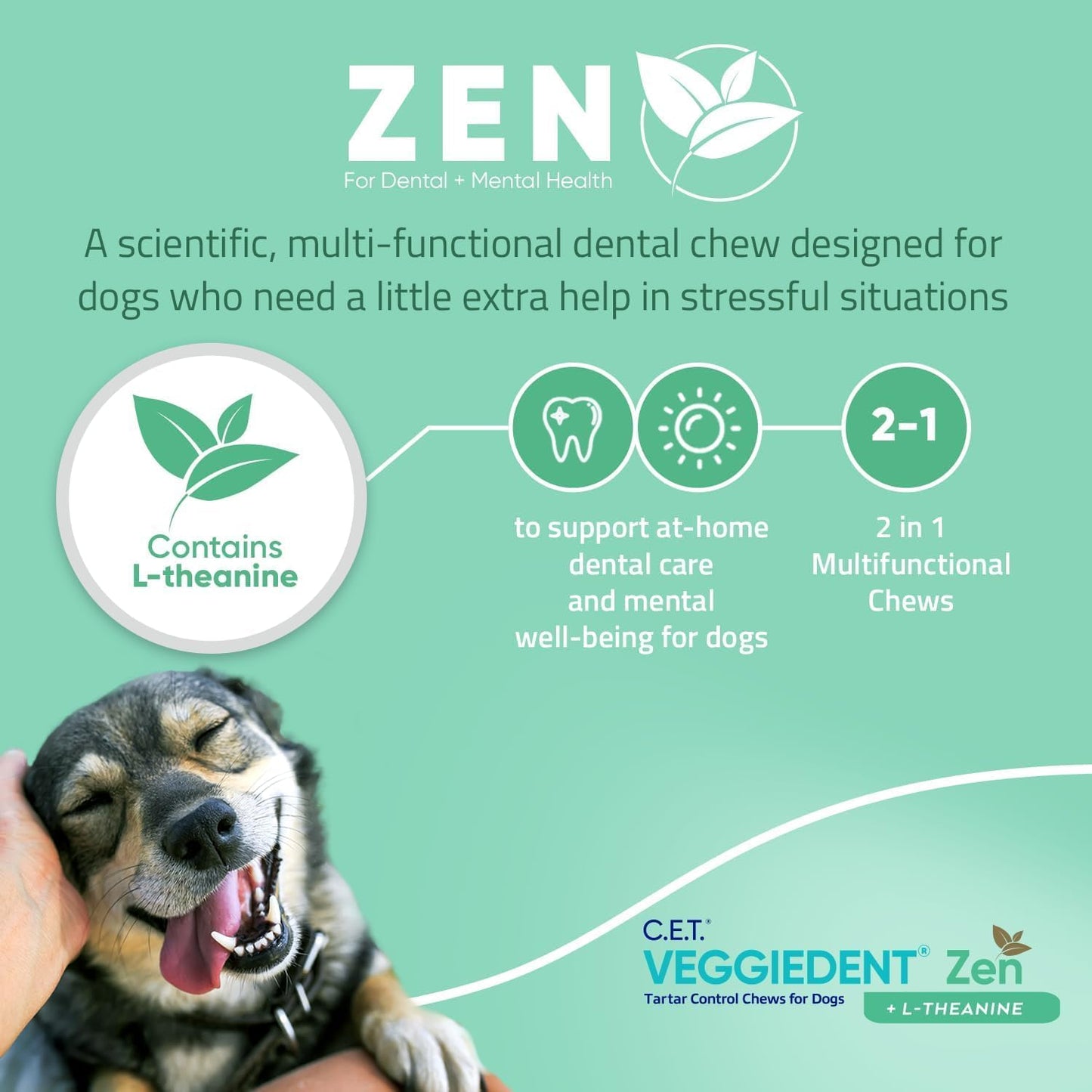Virbac C.E.T.® VEGGIEDENT® Zen Tartar Control Chews for Dogs - Multifunctional to Support Mental Well-Being, VOHC Approved - Extra Small Under 11lbs