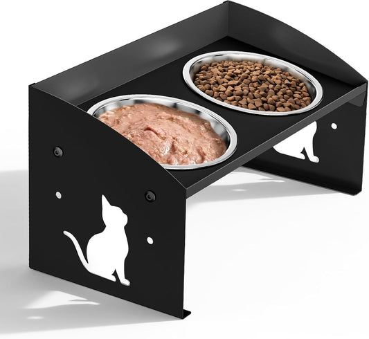 No Spill Raised Cat Food Bowl, 3-in-1 Elevated Dog Bowls with Splash Proof, Adjustable Cute Metal Stand,12° Tilted Anti-Vomiting, Stainless Steel Food and Water Bowl Set for Cats and Small Dogs