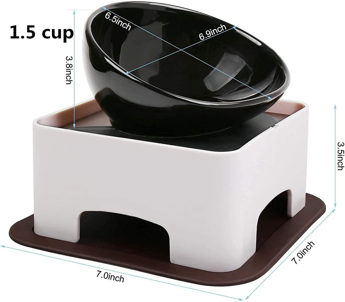 Bulldog Bowl Ceramic Dog Food Bowl - Cat Dish Wide Mouth Dog Bowl Pet Sterile Tilted Pet Feeder with Anti-Skid Rubber Mat (White M/1.5 Cup)