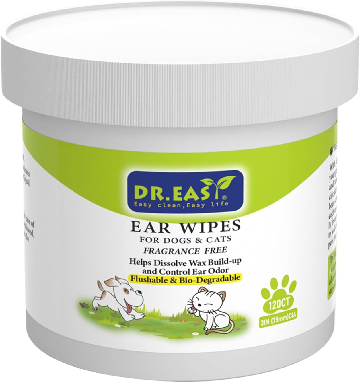 Dr.Easy Pet Ear Wipes 120ct for Dogs & Cats,No Fragrance,Helps Dissolve Wax Build-Up and Control Ear Odor,flushable Gentle Soft and high Absorbency,Lock in Liquid,Stop Ear Itching,Natural Cleansing.