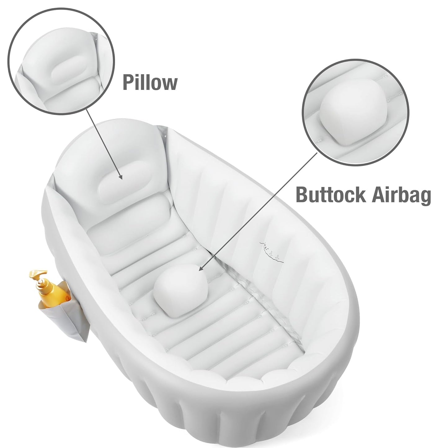 PandaEar Inflatable Baby Bathtub with Air Pump, Non-Slip Soft Cushion Bathing Tub for Toddlers & Infants (0-36 Months), Collapsible Travel-Friendly Blow Up Pool with Side Pocket & Backrest (Gray)