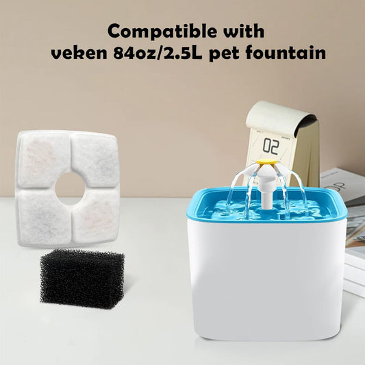 Replacement Filters & Pre-Filter Sponges (16 + 16 Pack) for Veken 84 oz / 2.5L Pet Fountain, Triple Filtration System Filter Set for Cat Water Fountain & Dog Water Dispenser