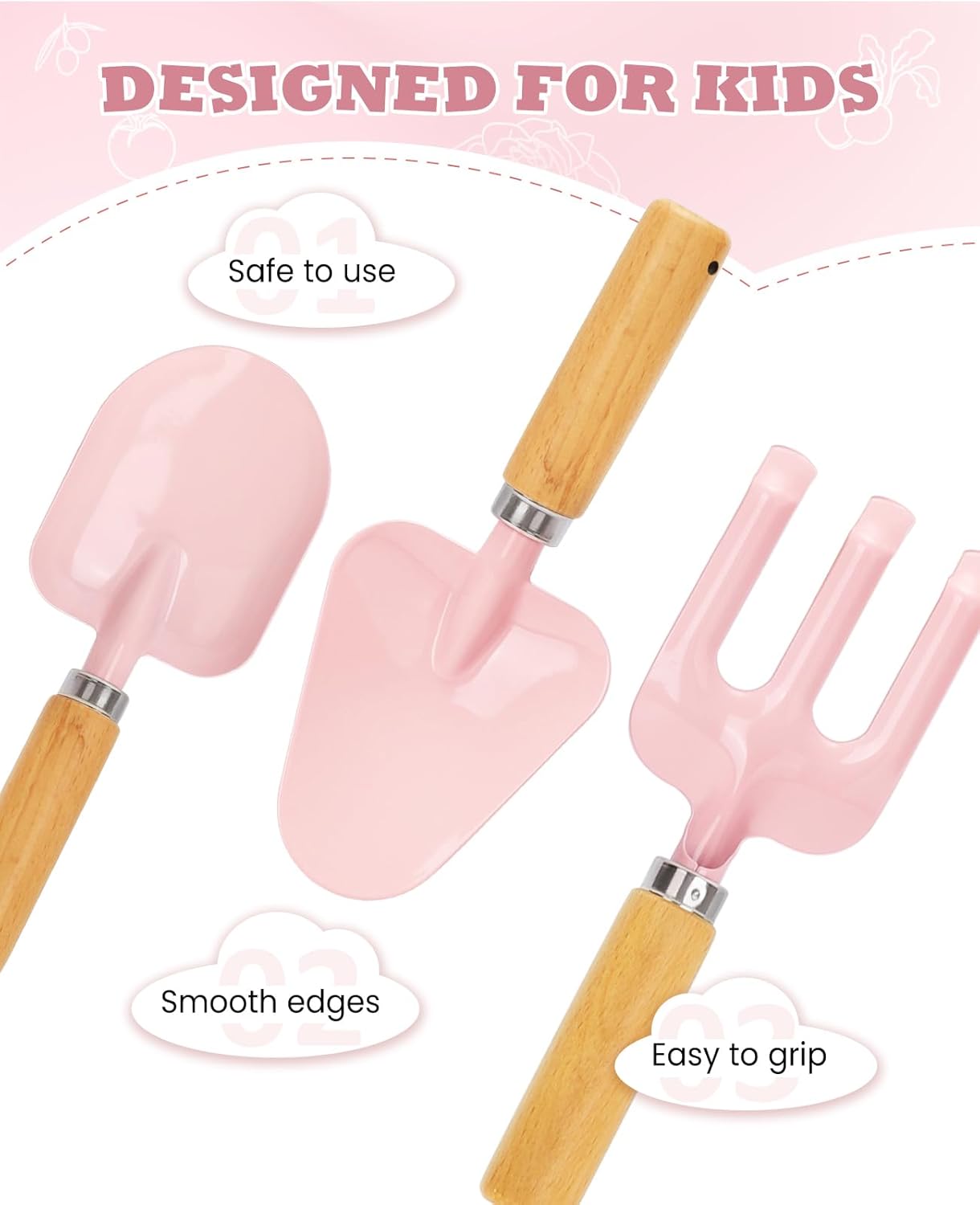 Kids Gardening Set, Gardening Tools Kit for Kids and Toddler, Includes Wooden Rake, Two Shovels, Gloves, Watering Can, Apron, and Tote Bag, Outdoor Toys for Girl Boy, Pink