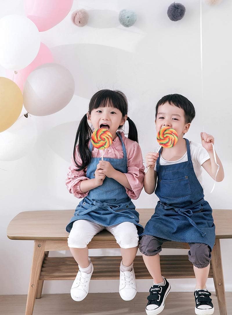 Denim Matching Apron for Kids and Adults, Children Age 3-7 8-12, Cooking Gardening Painting BBQ