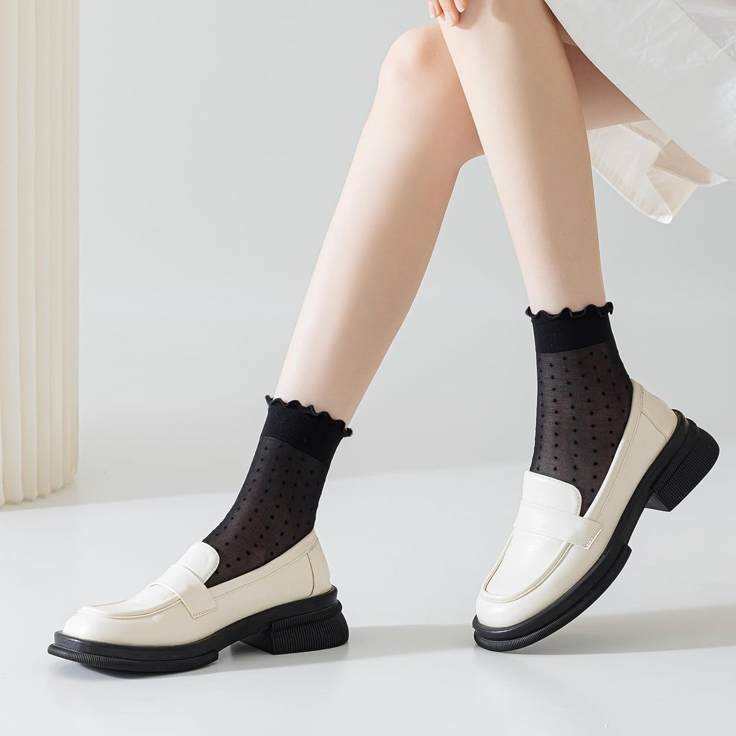 Mcool Mary 12 Pairs Women's Sheer Ruffle Socks Nude Stocking Summer Ultra Thin Cool See Through Silk Ankle Socks for Women