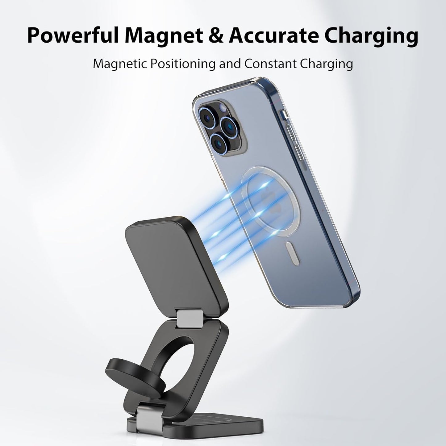 KU XIU Fast Wireless Charger, Magnetic Foldable 3 in 1 Charging Station for iPhone 17/16/15/14/13/12/Pro/Plus/Pro Max, 5W Portable Charger for Apple Watch10/9/8/7/6/5/4/3/SE, for Airpods3/2/Pro-Black