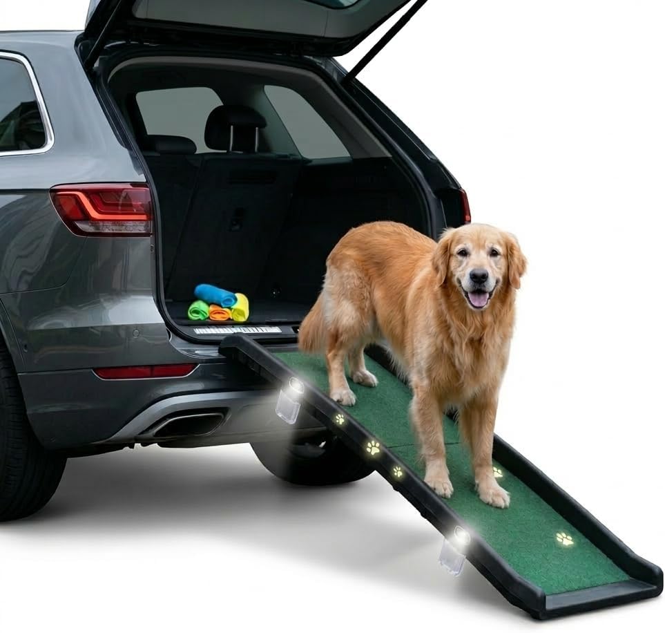 Dog Ramp for Car & SUV with Poly Grass Non-Slip Surface – Lightweight & Foldable Pet Ramp for Dogs, Includes 4 Towels & 2 LED Lights, Safe for Cars, Trucks, Beds, Couches & Stairs