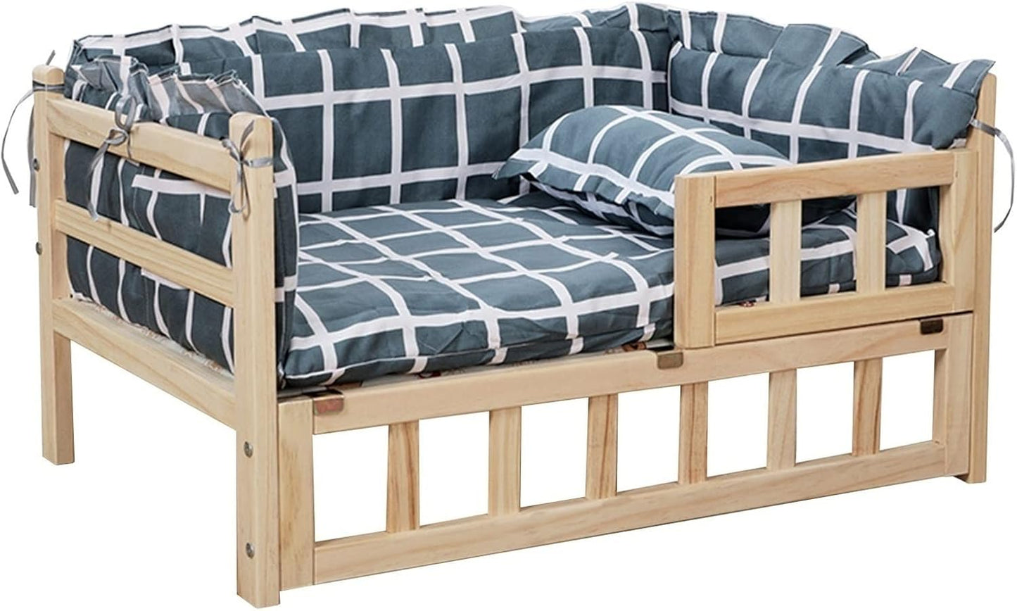 Grey Check Raised Dog Bed with Mattress ＆ Pillow, Large Wood Orthopedic Relief Elevated Pet Couch with Fence, for Home, Outdoor, Courtyard (Color : Style1, Size : S-54x39x38cm/21x15x15) (Style2 L)