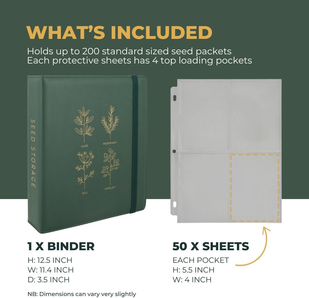 Seed Storage Organizer Binder - Seed Packet Organizer with 50 Pack Sheet Protectors that stores 200 Seed Envelopes. Seed Storage Binder delivering complete Seed Saving Kit for every Garden Lover.
