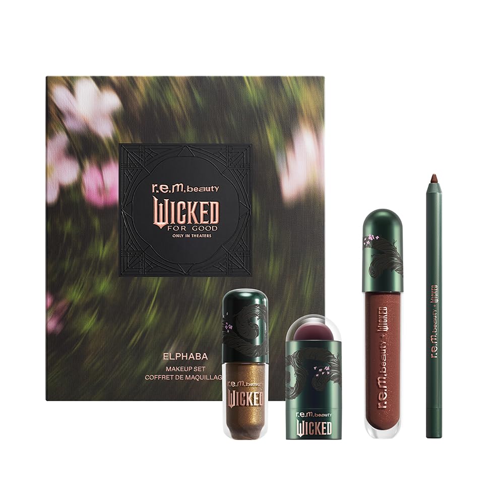 r.e.m. beauty Wicked: For Good | Makeup Set | Waterpoof Eye Shadow, All Over Glow Stick, Creamy Lip Liner, Glossy Lip Balm | 4 Full Size Products