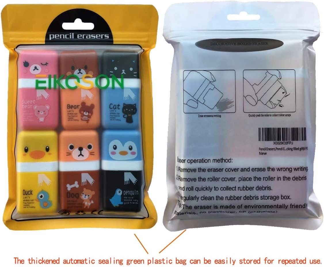 12Pack of Pencil Erasers,Pencil Eraser Shaving Roller Case for Easy Pick Up and Removal | Animal Themed Cute and Fun Party Favor and School Supplies for Kids,Back to School Gift