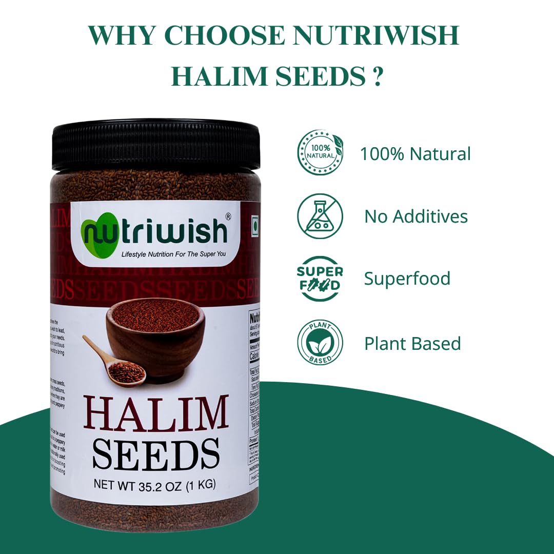 Nutriwish Natural Halim Seeds | 35.2 oz (1 KG) | Pure & Natural Garden Cress Seeds | Safe & Beneficial Aliv Seeds | Halim Aliv Garden Cress Seeds for Eating | No Additives | High Protein Snack |