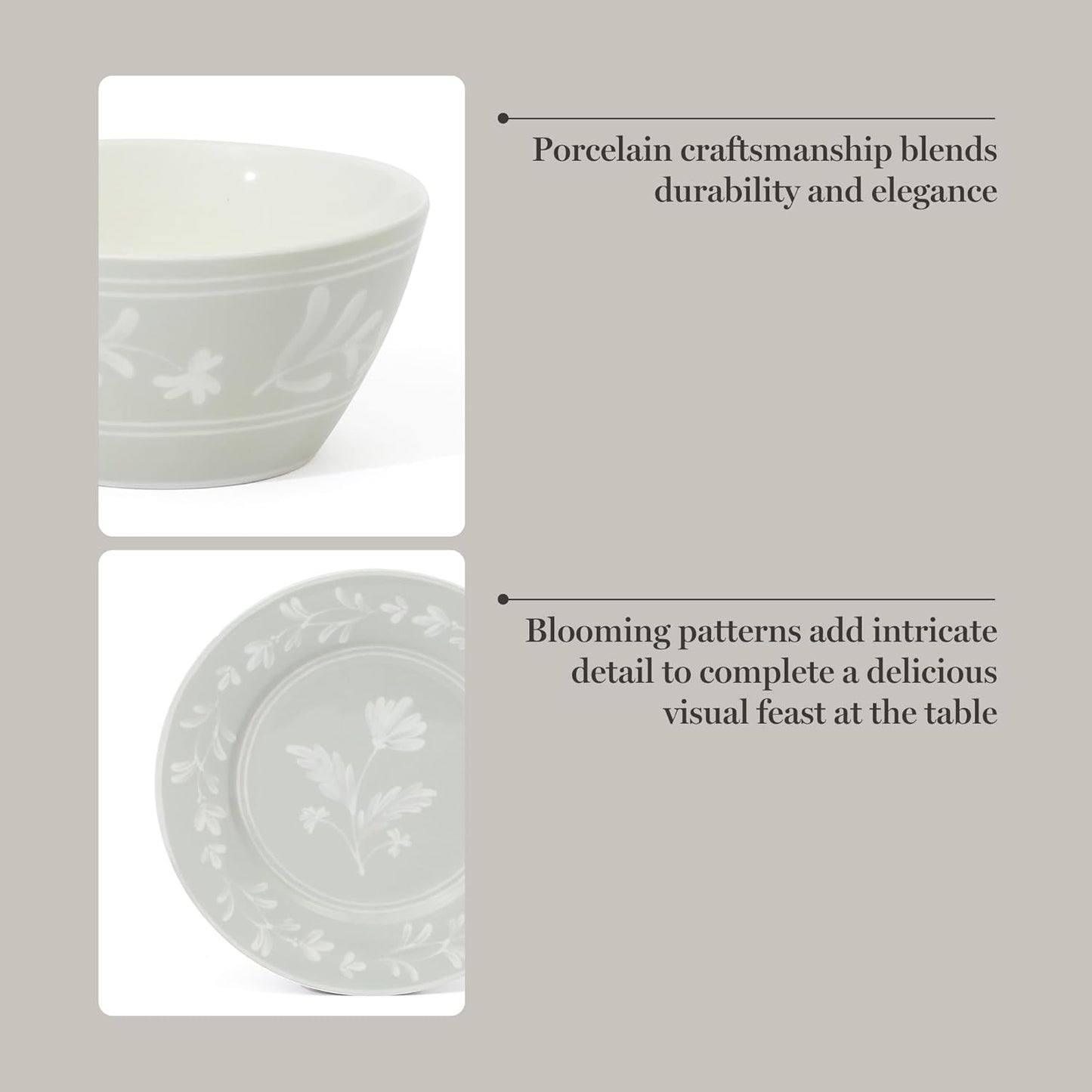 Martha Stewart Maiden Crown 12-Piece Sage Green Dinnerware Set – New Bone China Ceramic Plates & Bowls – Floral Design – Service for 4 – Microwave & Dishwasher Safe