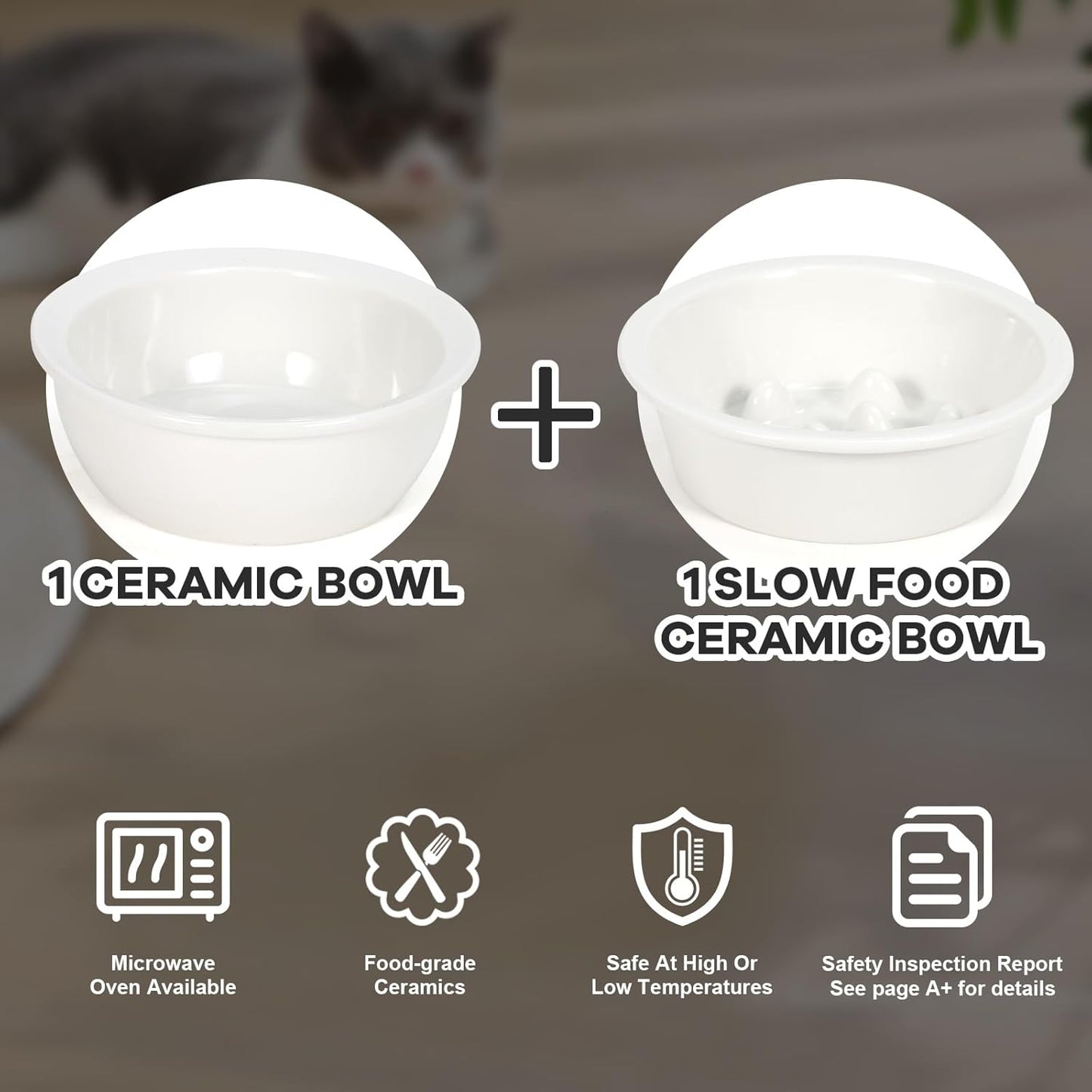Upgraded Adjustable Height Cat Food Bowls Stand Ceramic Dog Bowls and Slow Feeder Cat Bowl, 15°Tilted Stand Anti Vomiting Raised for Small and Medium Sized Cats Dogs (Creamy White)