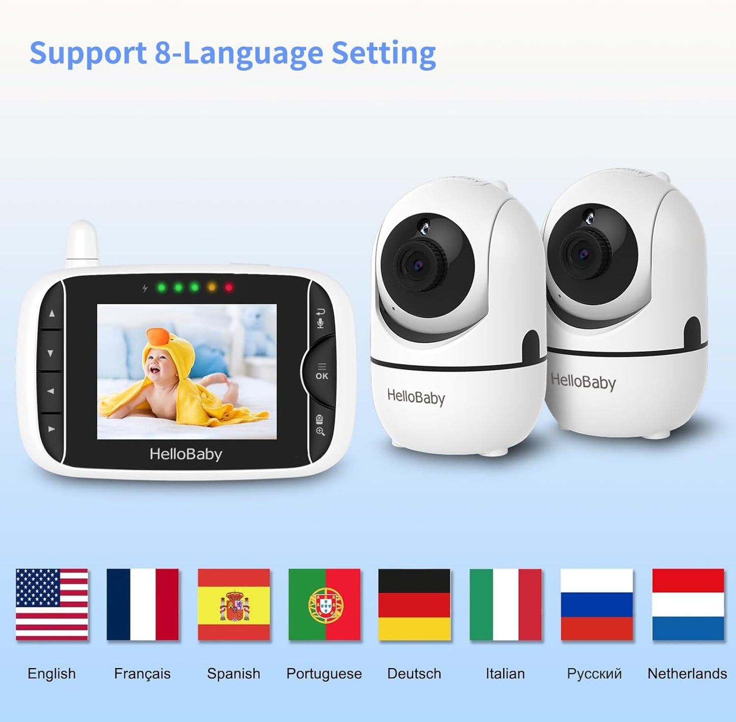 HelloBaby Video Baby Monitor with 2 Cameras and Audio. Baby Monitor with Remote Pan/Tilt/Zoom, VOX Mode, Night Vision, 2-Way Talk, 8 Lullabies