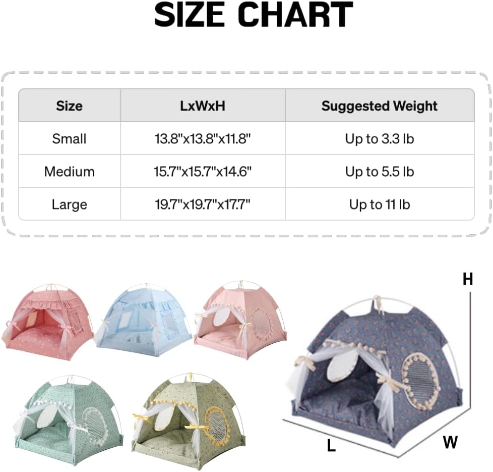 Selena Cat Bed Tents Dog House Indoor Outdoor Lace Mesh Breathable Windows Door Curtains Removable Portable Nest Teepe House (Small,Pink(Ruffled Teim))