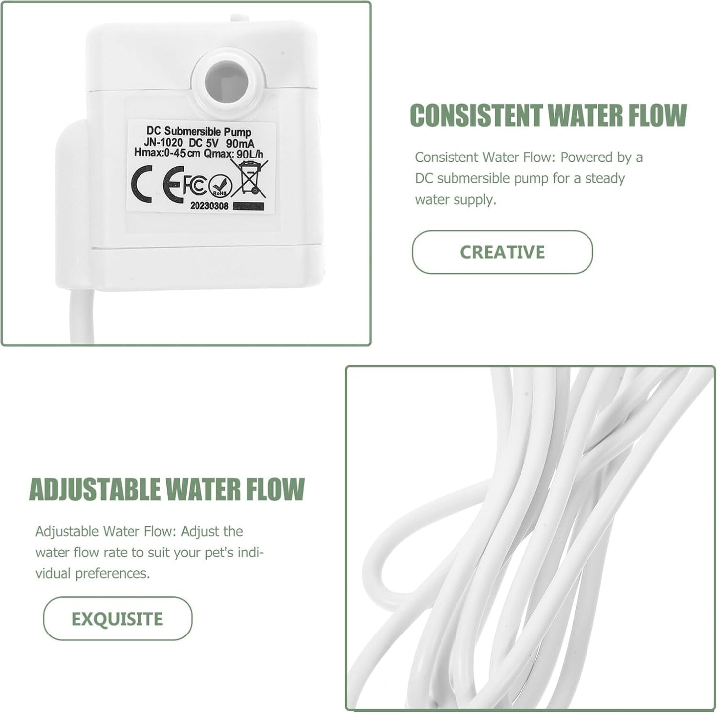 Kichvoe Pet Water Fountain Pump with 3 Modes Submersible Quiet Water Dispenser Pump for Cats Dogs Adjustable Flow Bite-Resistant Compact 1.57 Inch