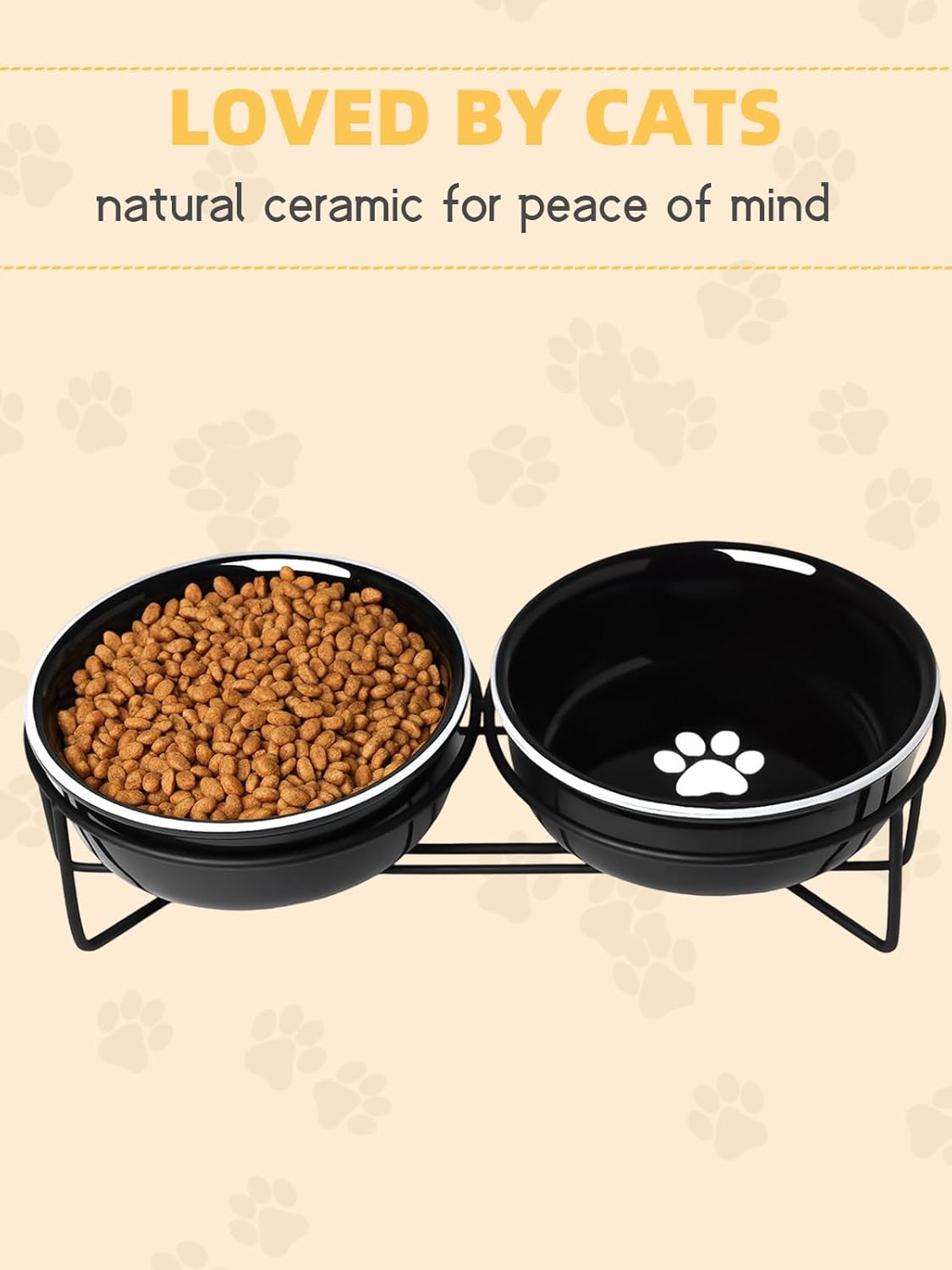 GDCZ Ceramics Raised Cat Bowls with Heighten Metal Stand,15 Ounces (Black)