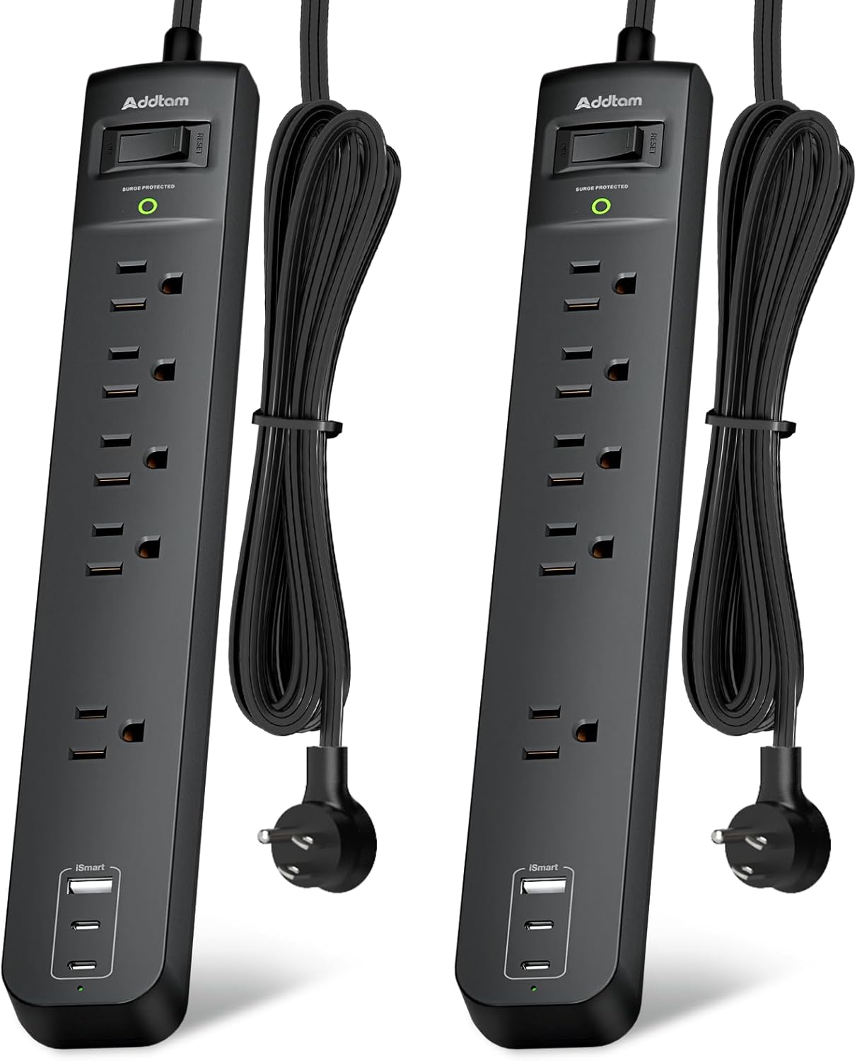 6Ft Power Strip Surge Protector - Addtam Extension Cord with 5 AC Outlets 3 USB Ports(2 USB C), 1875W/15A, Flat Plug, Outlet Extender for Home Office Supplies College Dorm Room Essentials,ETL Listed