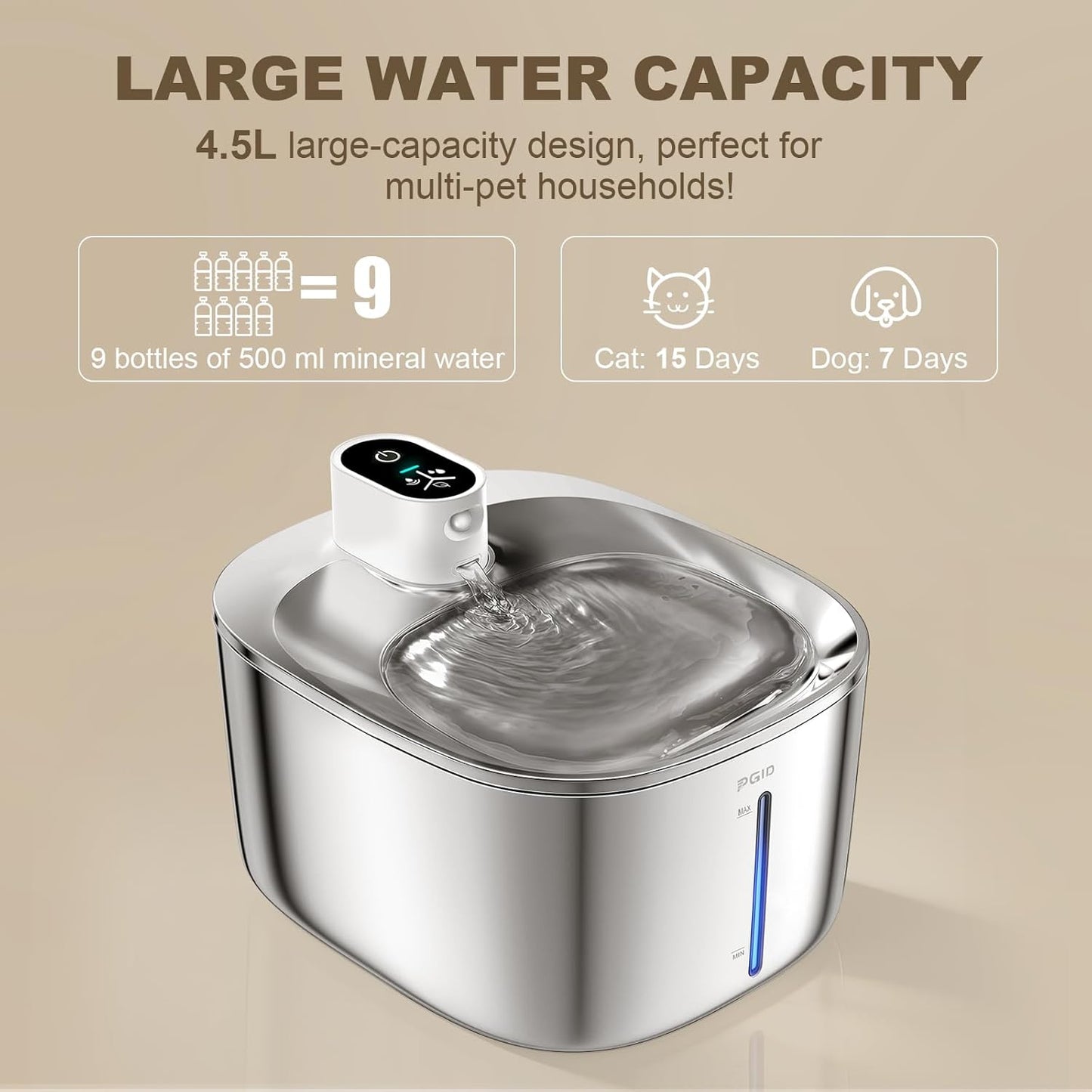 Wireless Cat Water Fountain Stainless Steel,4.5L Cordless Pet Fountains for Dringking,5000mah Battery Operated Cat Water Pountain,Automatic Dog Dispenser w Pet Hair Remover Gloves