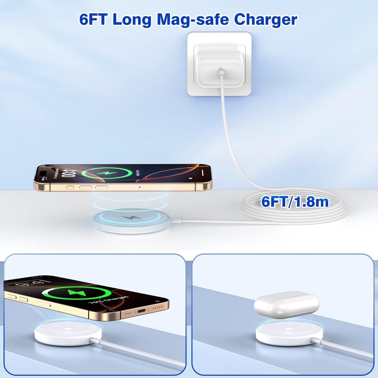 [Apple MFi Certified]Magnetic Wireless iPhone Charger Magsafe Charger,6FT 15W Fast Phone Charging Pad Wireless Magnetic Charge for iPhone 17/17Air/16 Pro Max/16 Plus/15 Pro Max/14/13/12/AirPods3/2/Pro