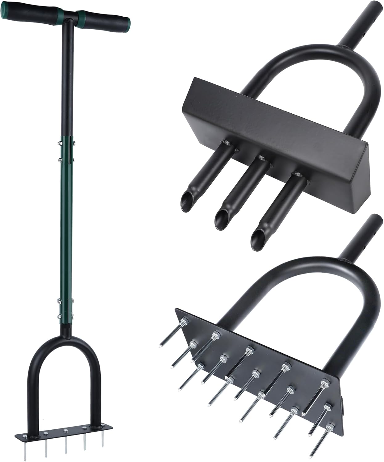 yofit 3-in-1 Manual Lawn Aerator Tool - Core & Spike Aerator with Changeable Heads (15 & 5 Spikes, Coring Head), Yard Aerators Tools with for Lawn Care, Grass Plug, Garden Soil (38.2 Inch)