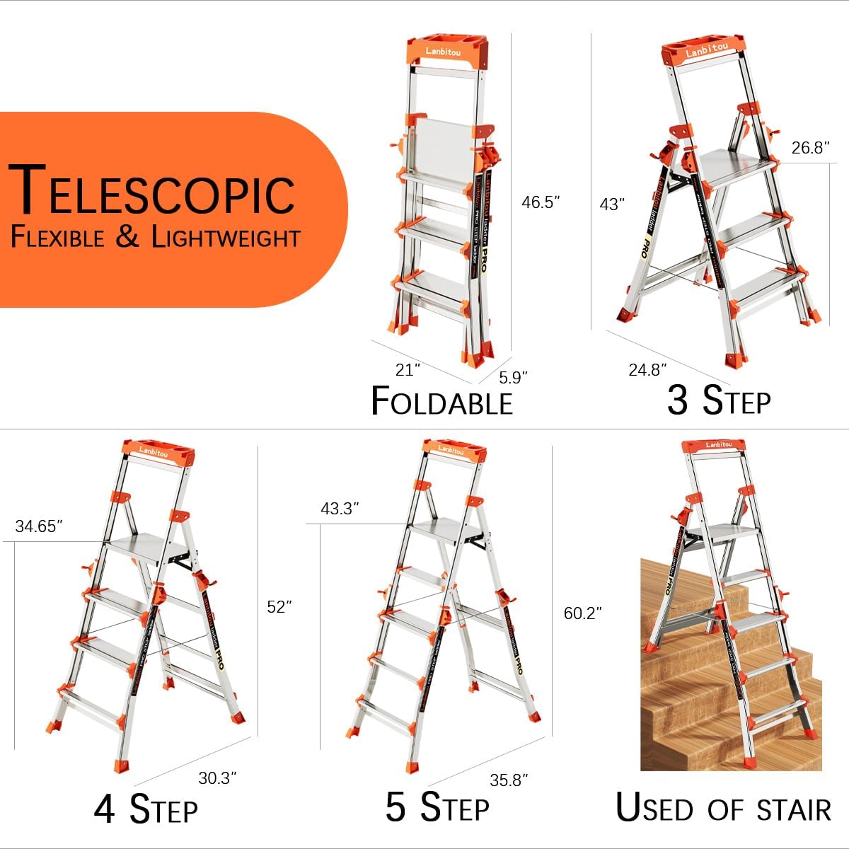 Ladder, Aluminum 5 Step Ladder with Handrails, Anti-Slip Wide Pedal, Tool Platform, Folding Step Stool Step Ladder for Stairs Home Outdoor Work, Lightweight-Portable, 330lbs-Capacity,