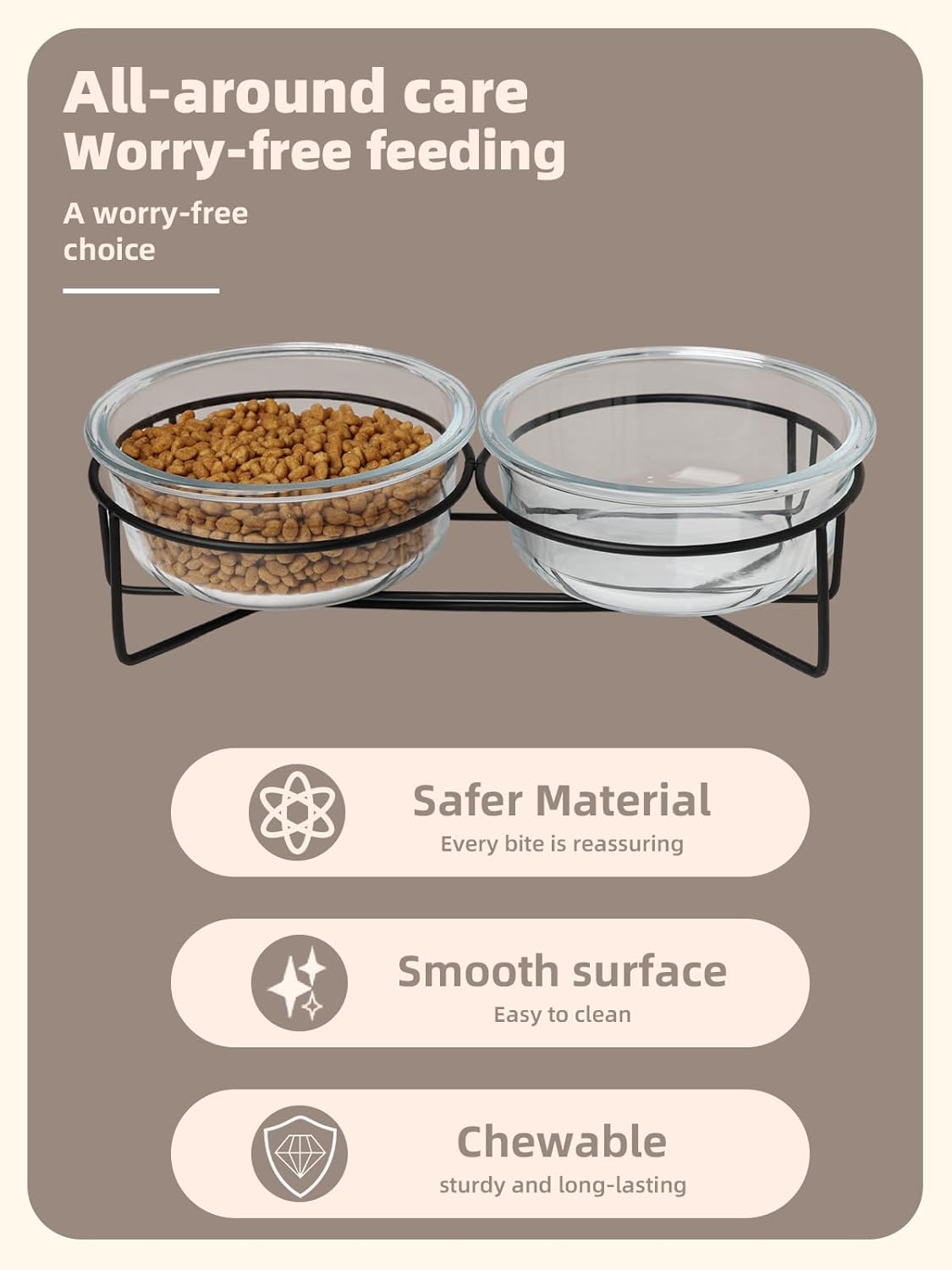 GDCZ Elevated Cat Bowl Stand, 11.6 in Metal Stand with 2 Removable 20 OZ Glass Bowls for Pet Food and Water, Stand Reduces Cat Neck Burden, Transparent