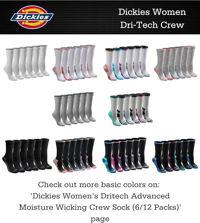 Dickies Women's Dri-Tech Fashion Moisture Control Crew Socks (6, 12 Pairs)