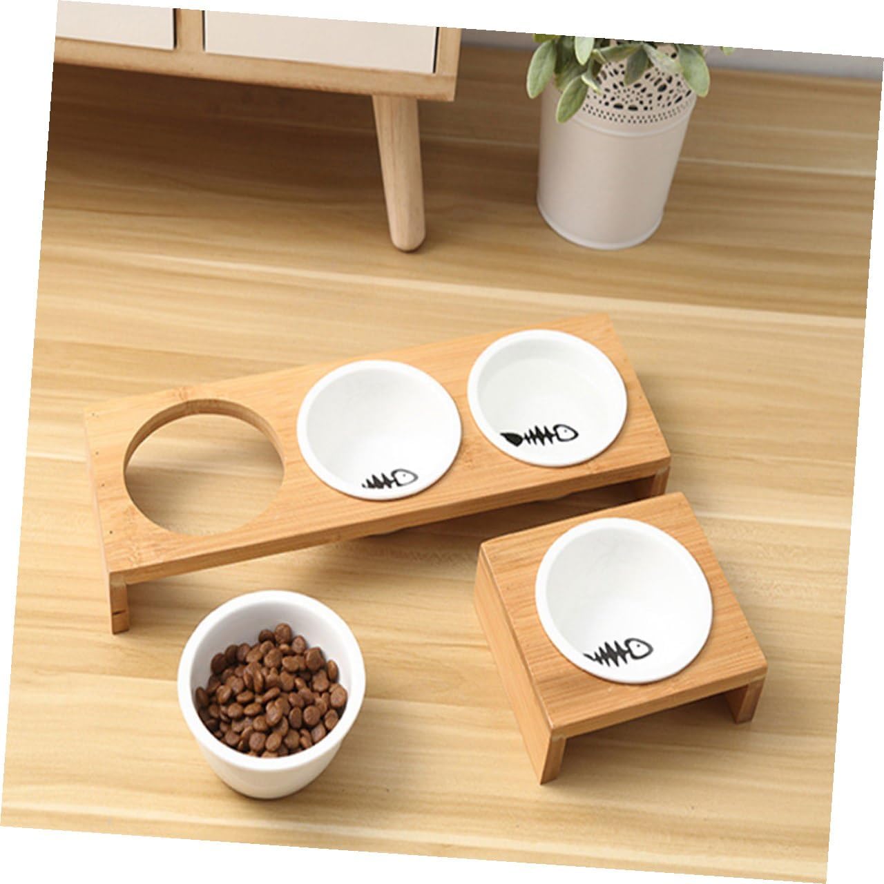 PRETYZOOM Ceramic Cat Dog Food Bowl Set with Raised Stand, 3-Compartment Pet Feeding Dish for Indoor Use, Portable Water and Food Container for Cats and Puppies