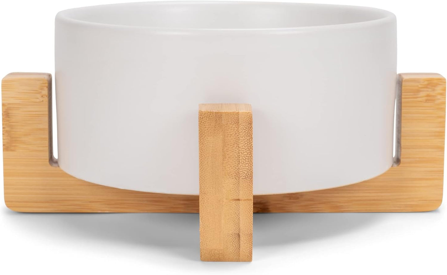 NAT & Jules Small White 6 inch Stoneware Ceramic and Wood Pet Bowl with Stand