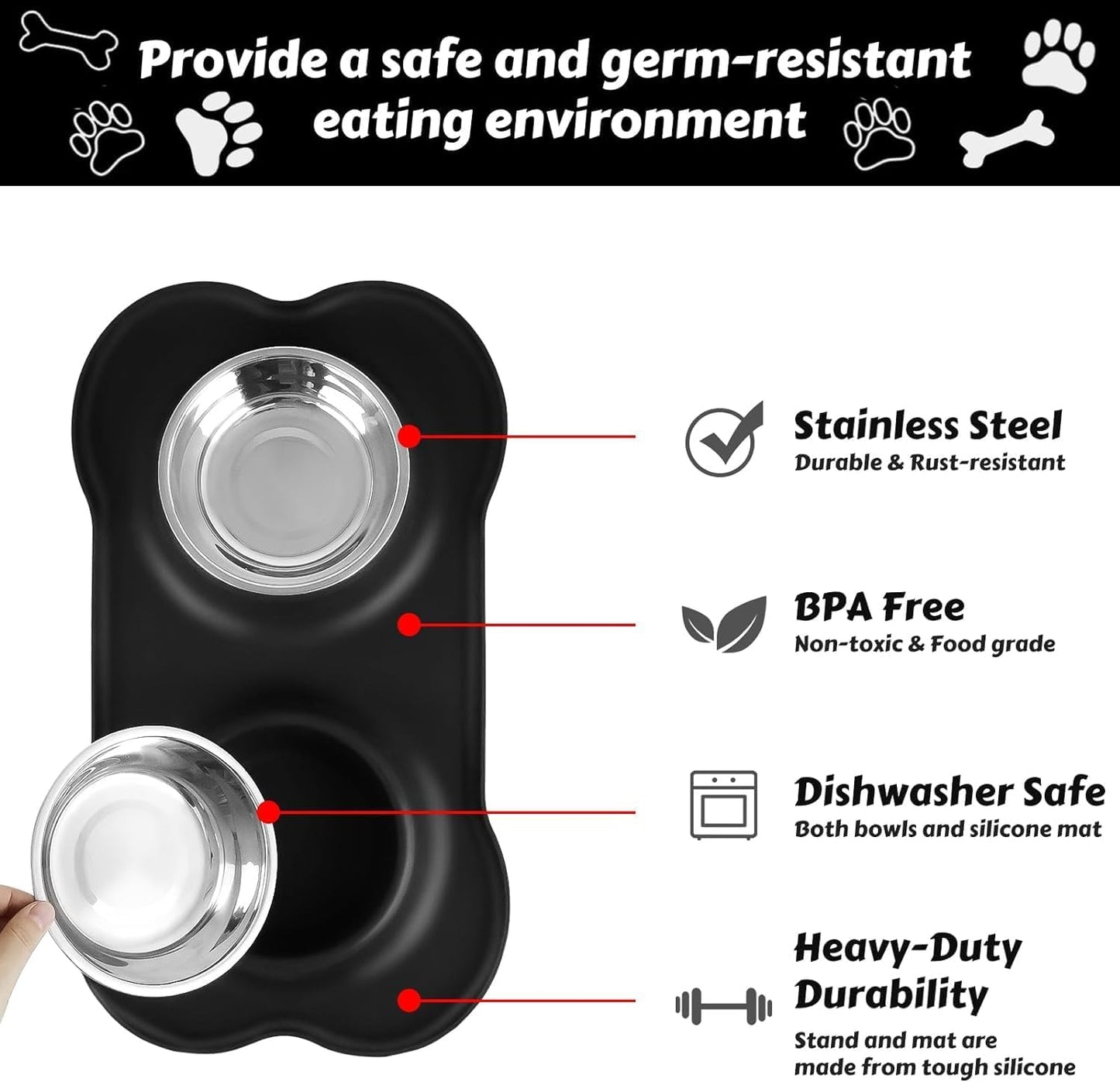 Pet Deluxe Dog Bowls Stainless Steel Dog Food Water Bowl Set with Stand, Feeding Bowls No Spill Non-Skid Silicone Mat, Dog Dishes for Small Medium Large Size Dog Puppy Pet Food Bowls, Black, 4 Cup