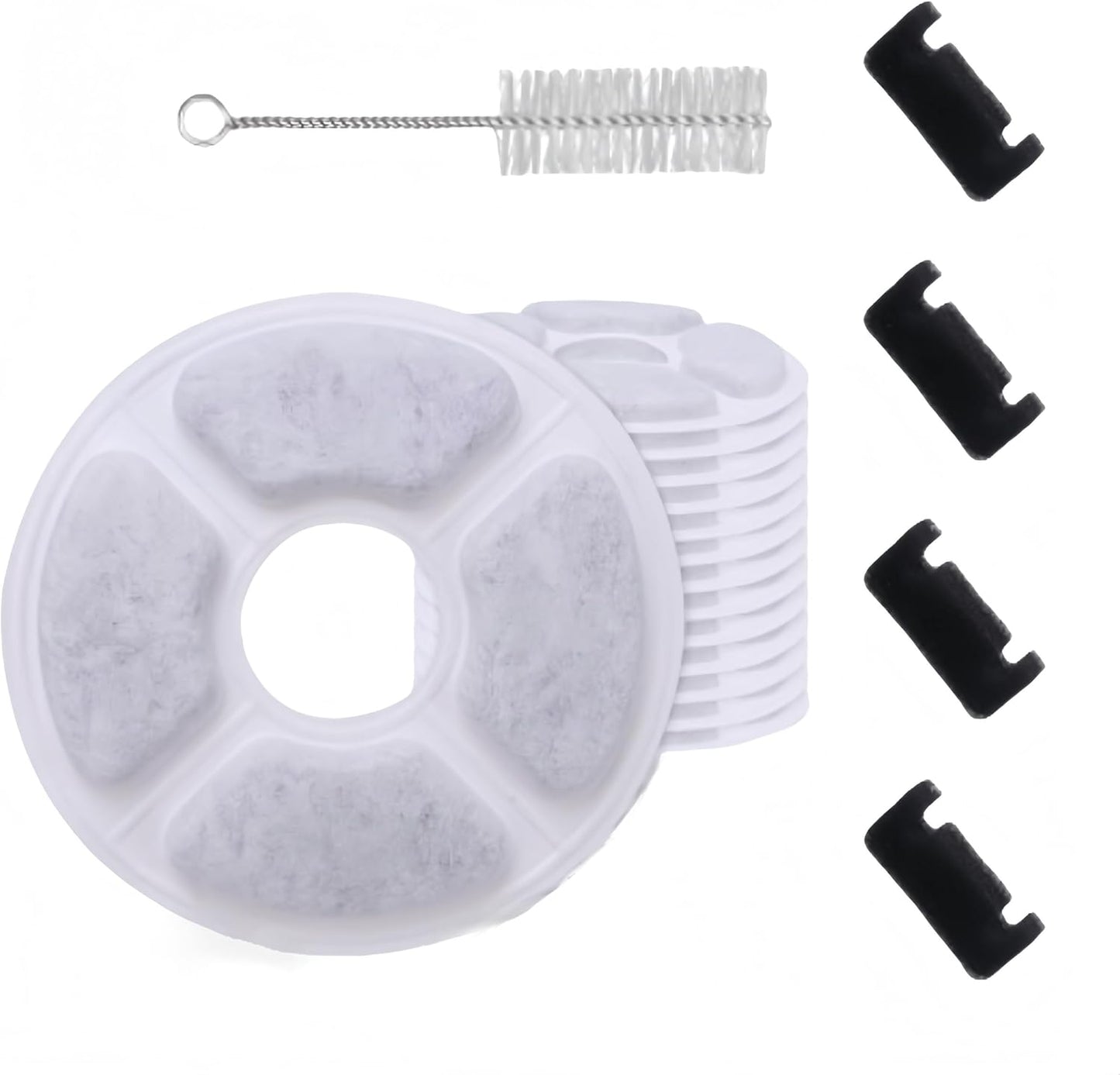 Cat Water Fountains Filter Replacement (12 Packs of Carbon Filter + 4 sponges + 1 Stainless Steel Cleaning Brush),Parts and Dog Water Dispensers Filters for 81oz/2.4L Round Pet Drinker
