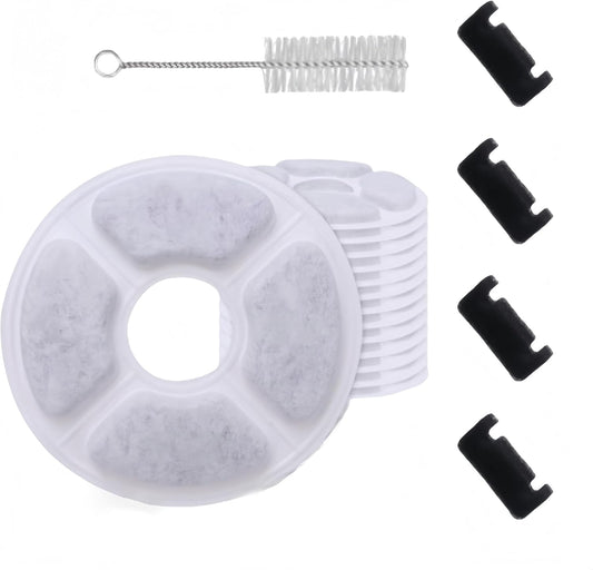 Cat Water Fountains Filter Replacement (12 Packs of Carbon Filter + 4 sponges + 1 Stainless Steel Cleaning Brush),Parts and Dog Water Dispensers Filters for 81oz/2.4L Round Pet Drinker