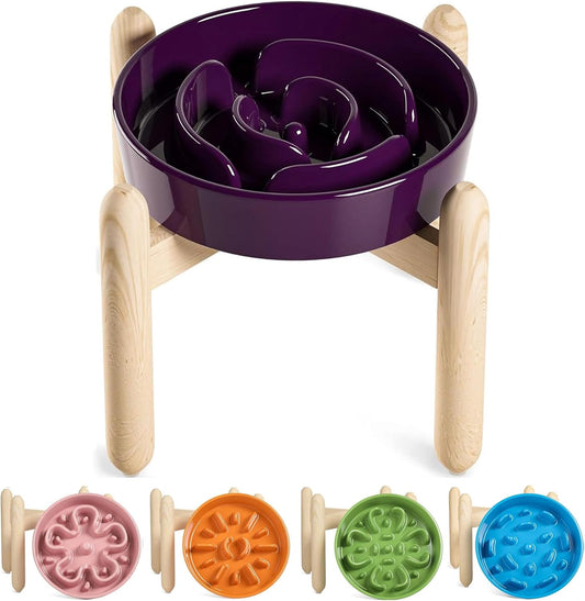LE TAUCI Ceramic Slow Feeder Dog Bowls Elevated, 3 Cup Raised Bowl with Wooden Stand for Medium Large Breed, Slow Down Eating, Puzzle Dog Food Bowl, Maze Purple