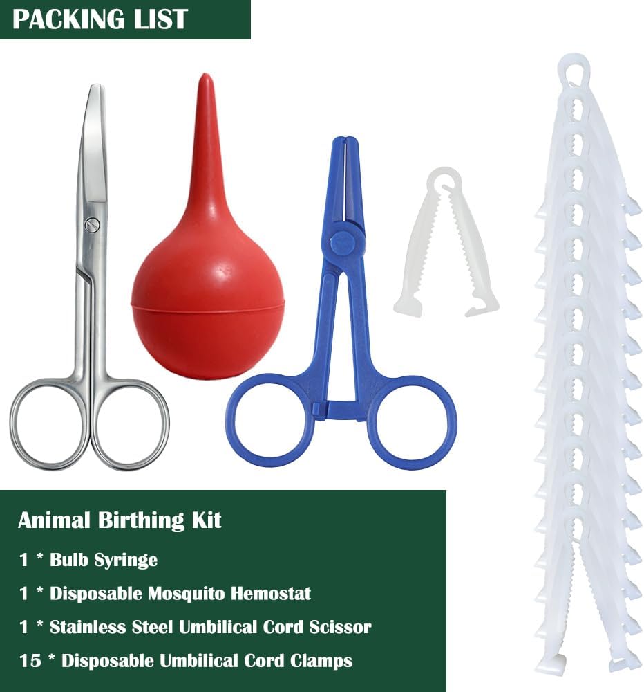 Animal Birth Kit with Curved Scissors | Disposable Umbilical Clamps, Hemostat, Bulb Syringe | Safe Delivery for Puppies, Kittens, Lambs, Piglets & Calves (Farm & Home Use) (Red - Rubber)
