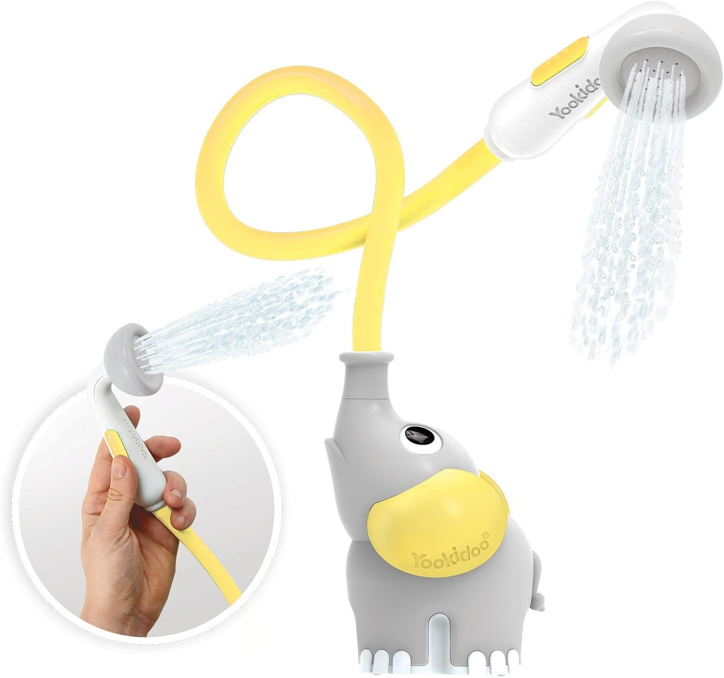 Yookidoo Baby Bath Shower Head - Elephant Water Pump and Trunk Spout Sprayer and Rinser-Control Water Flow from 2 Knobs Baby Bath Time Essentials for Newborn Babies in Tub Or Sink (Yellow)