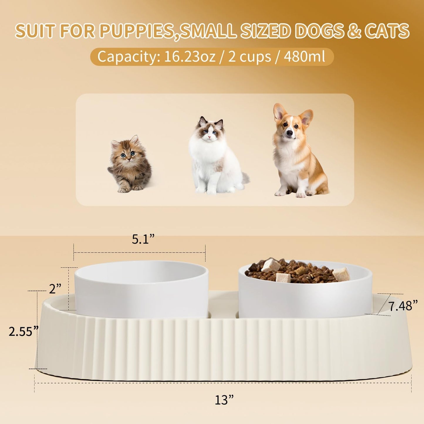 Ceramic Elevated Cat Bowls 15° Tilted Raised for Indoor Cat Anti Vomiting Food and Water Bowl Set Dog Bowls for Small Dog Whisker Fatigue Pet's Dishes (White)