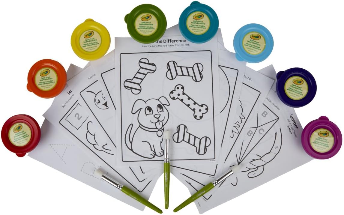 Crayola Spill Proof Paint Set (8ct), Washable Toddler Paint Kit, With Brushes, Pots, Activity Pages, Arts & Crafts Kit, Gift for Toddlers, Ages 3+