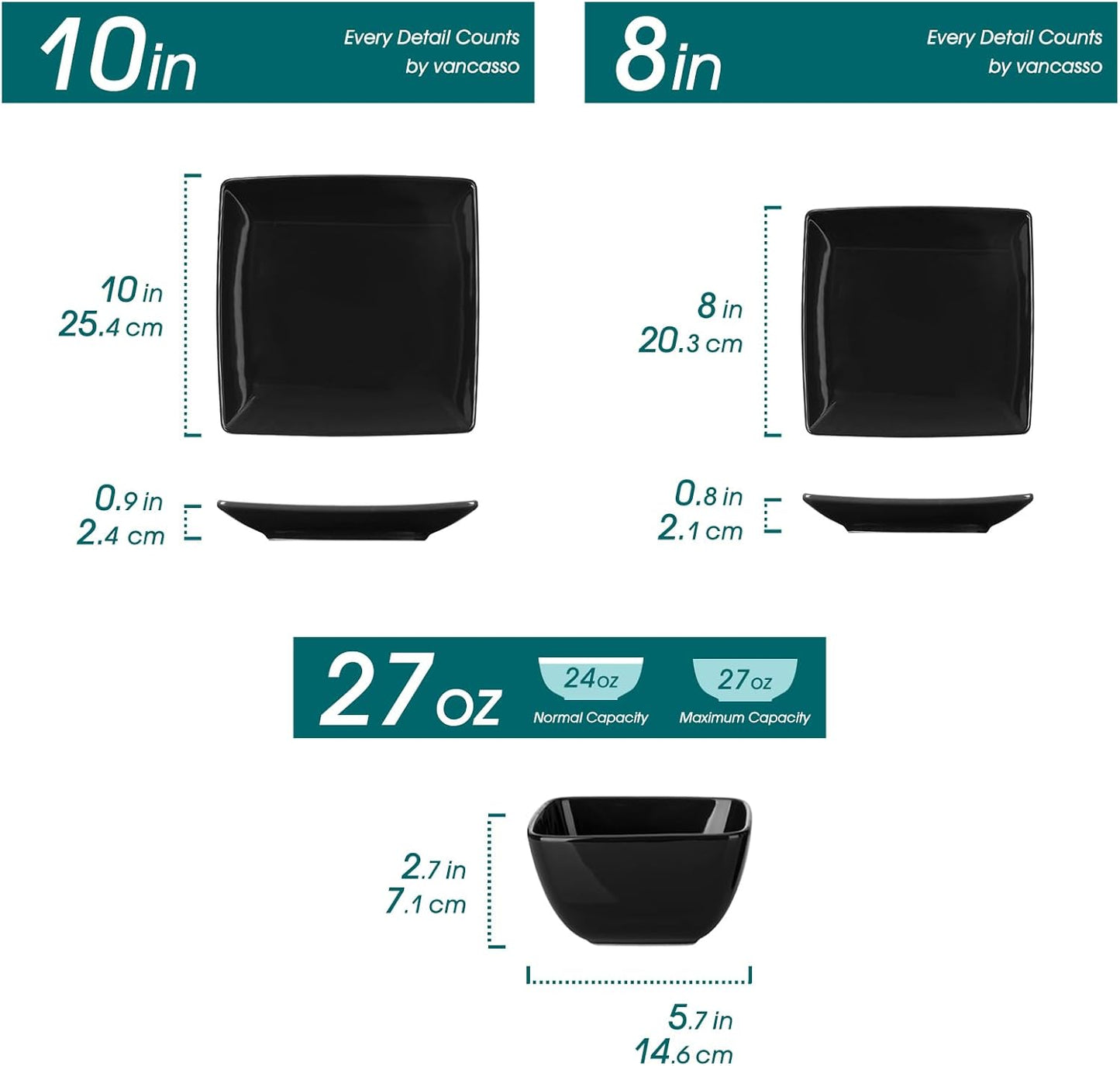 vancasso Soho Dinnerware Sets 12 Pieces, Black Stoneware Square Place Setting, Plates and Bowls Sets, Dinner Plate, Dishes Set for 4