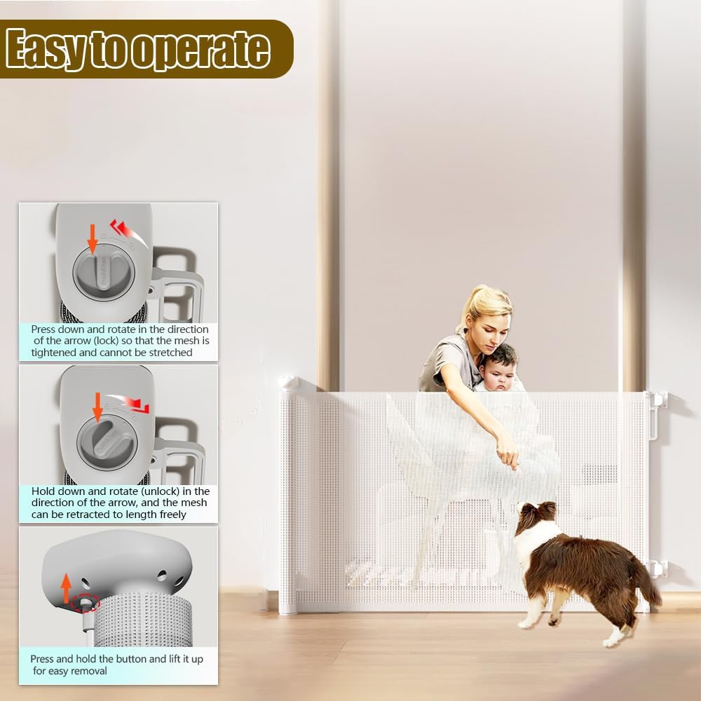 Retractable Baby Gates for Stairs Doorways Hallways, Soft Mesh Safety Retractable Dog Gate for Pet, Indoor Or Outdoor Use, Easy Installation,33.6" Tall,Expands to 55" Wide,Grey