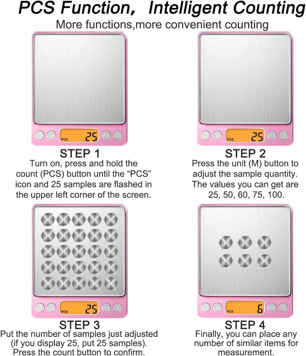 0.01g High Precision Kitchen Food Scale, Diyife 500g Portable Digital Scale with LCD Display, Tare, Multifunctional Gram Scale Weight for Cooking, Baking, Jewelry, 2 Tray, Batteries Included, Pink